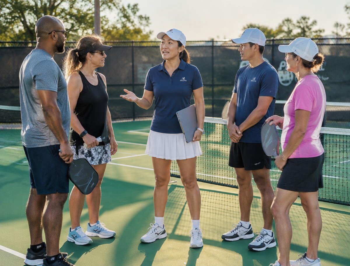A pickleball coach leading a small group clinic